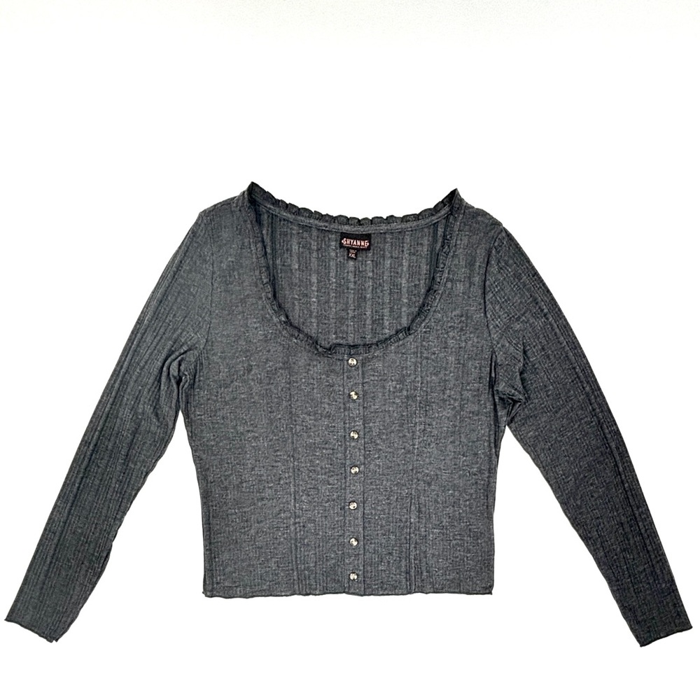 SHYANNE Ribbed Long Sleeve Ruffled Henley Charcoal Gray Top Size 2X NWOT